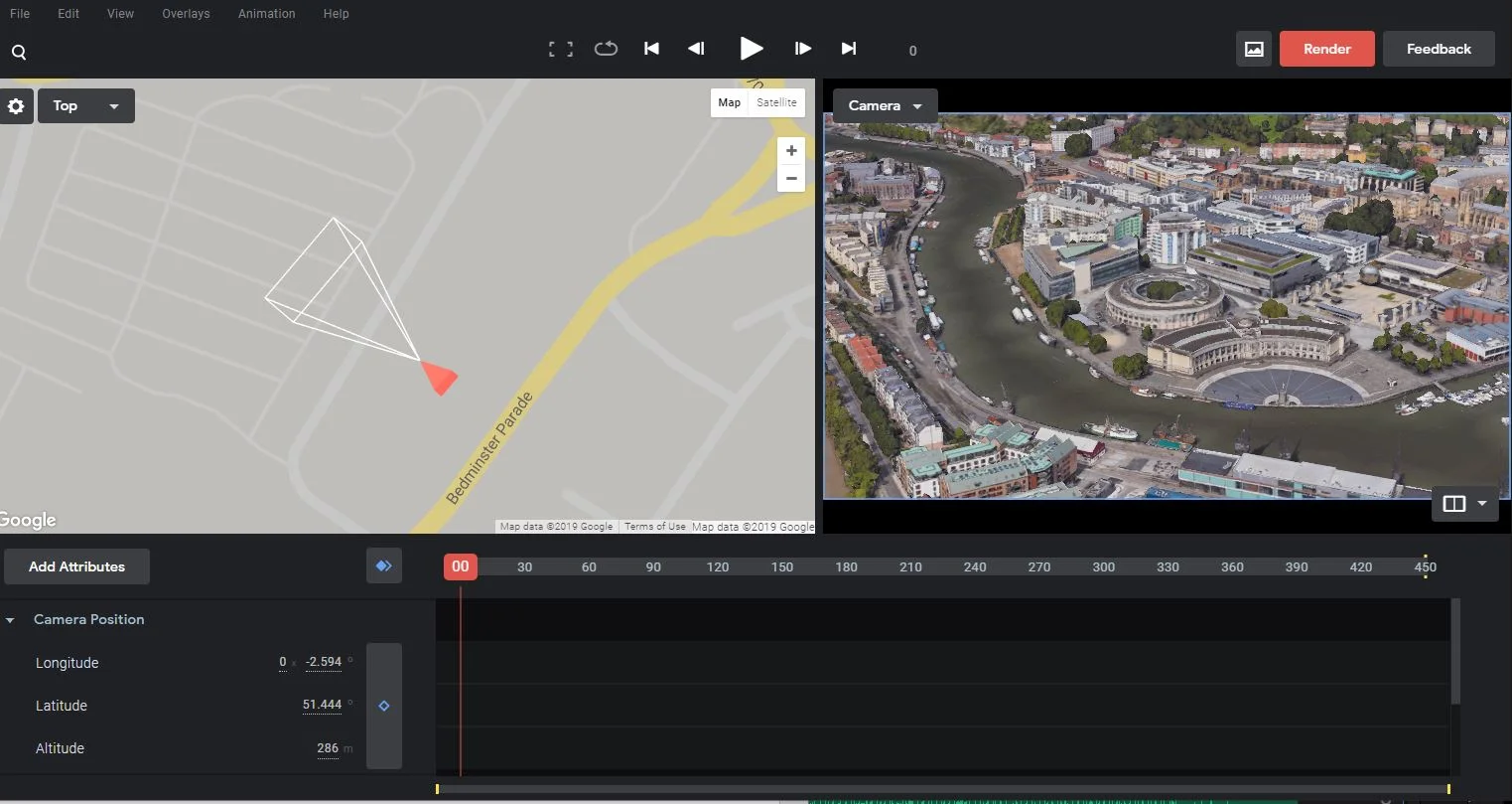 We love Google Earth Studio for flyover drone video