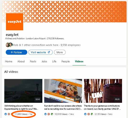 Screen grab showing the analytics of the easyJet LinkedIn recruitment video post.