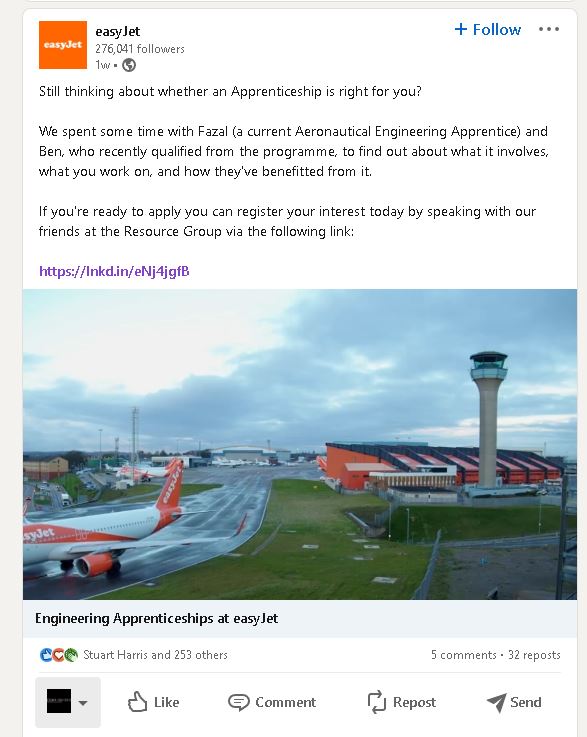 Screen grab of a LinkedIn Post. Image of Luton Airport easyJet hanger.