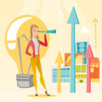 caucasian-business-woman-looking-through-spyglass-at-arrows-going-up-and-idea-bulb